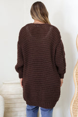 Beckett Cardigan - Open Front Chunky Cable Knit with Pockets in Chocolate