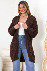 Beckett Cardigan - Open Front Chunky Cable Knit with Pockets in Chocolate
