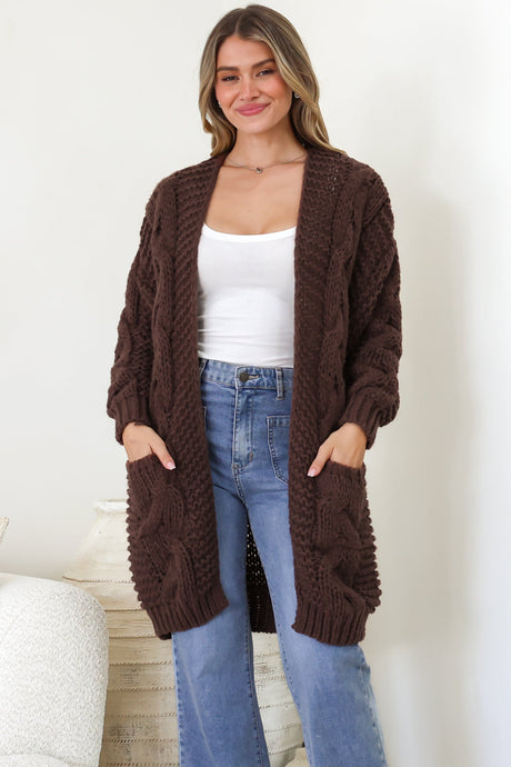 Model wearing Beckett Cardigan in Chocolate from Salty Crush