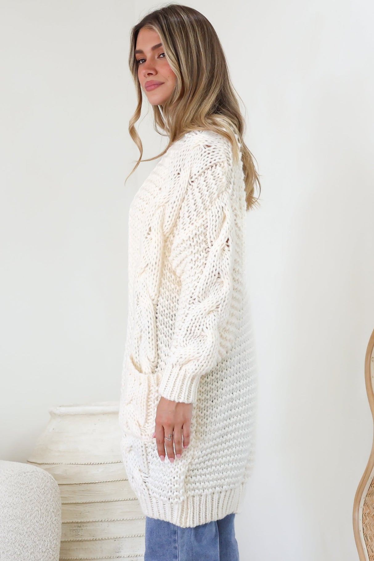 Beckett Cardigan - Open Front Chunky Cable Knit with Pockets in Cream