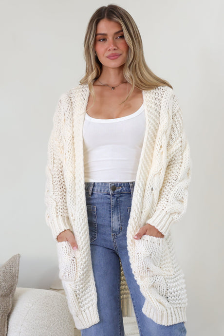 Model wearing Beckett Cardigan in Cream from Salty Crush