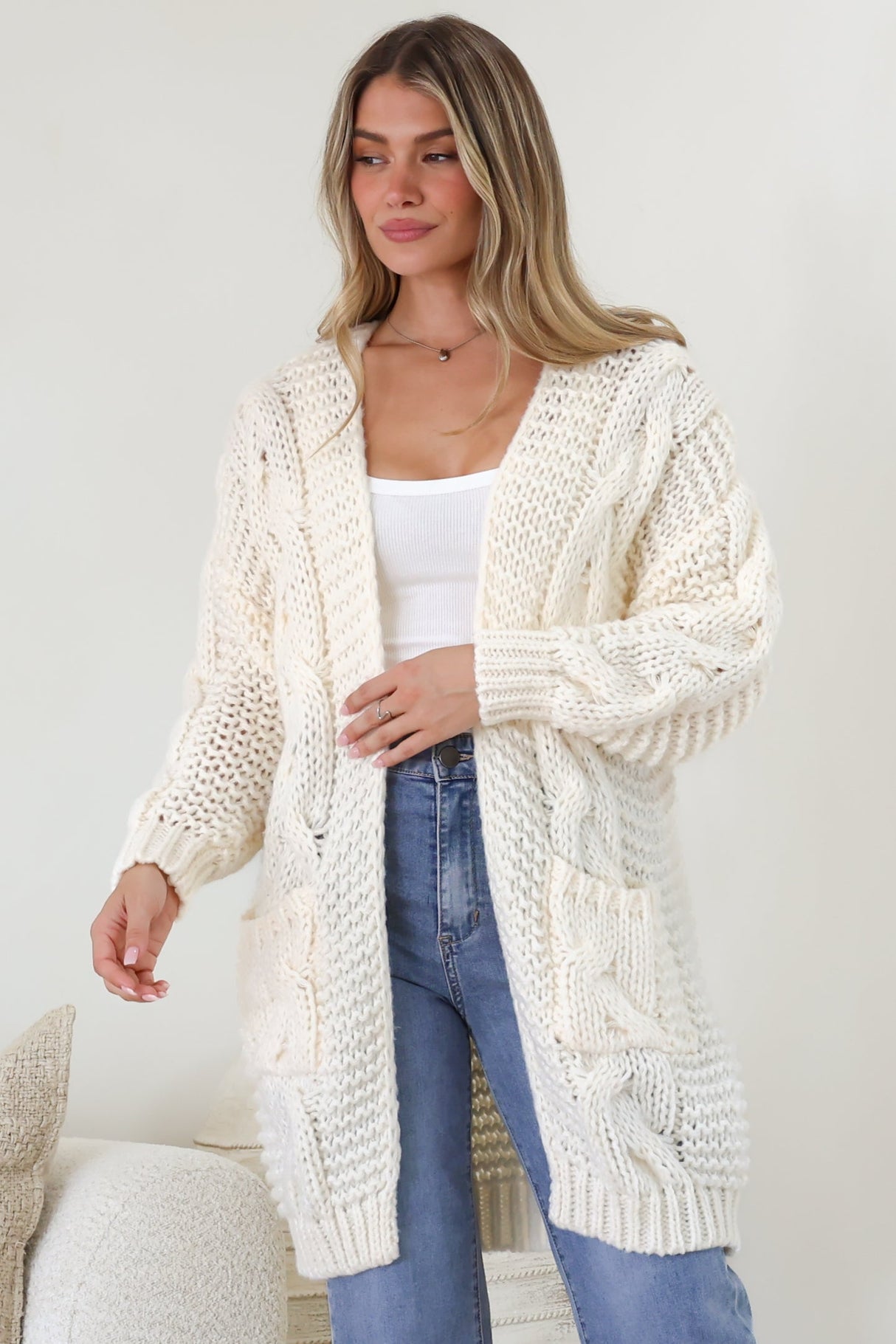 Beckett Cardigan - Open Front Chunky Cable Knit with Pockets in Cream
