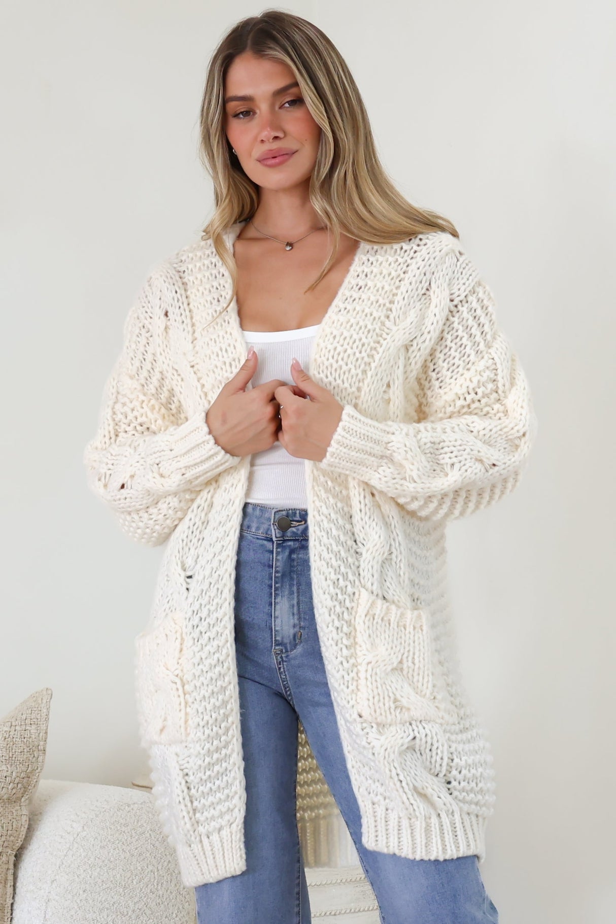 Beckett Cardigan - Open Front Chunky Cable Knit with Pockets in Cream