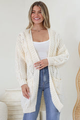 Beckett Cardigan - Open Front Chunky Cable Knit with Pockets in Cream
