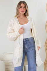 Beckett Cardigan - Open Front Chunky Cable Knit with Pockets in Cream