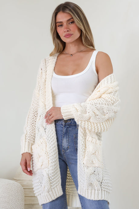 Beckett Cardigan - Open Front Chunky Cable Knit with Pockets in Cream