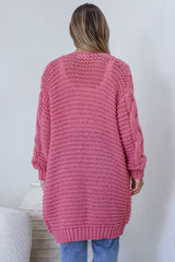 Beckett Cardigan - Open Front Chunky Cable Knit with Pockets in Pink