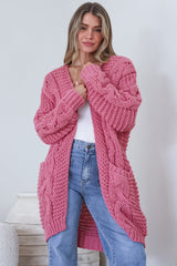 Model wearing Beckett Cardigan in Pink from Salty Crush
