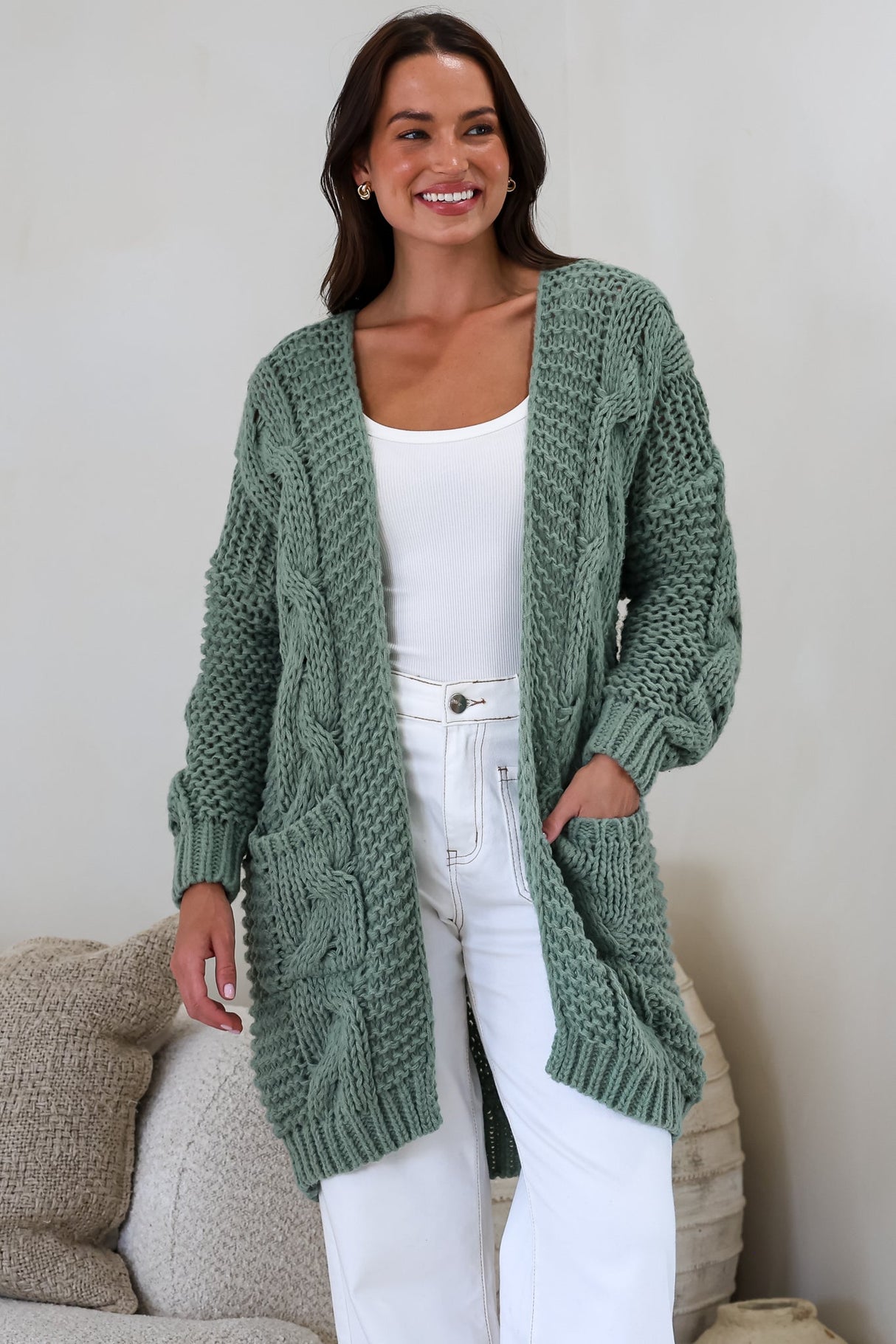 Beckett Cardigan - Open Front Chunky Cable Knit with Pockets in Sage