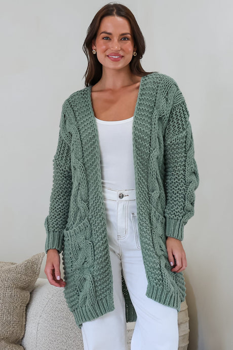 Model wearing Beckett Cardigan in Sage from Salty Crush