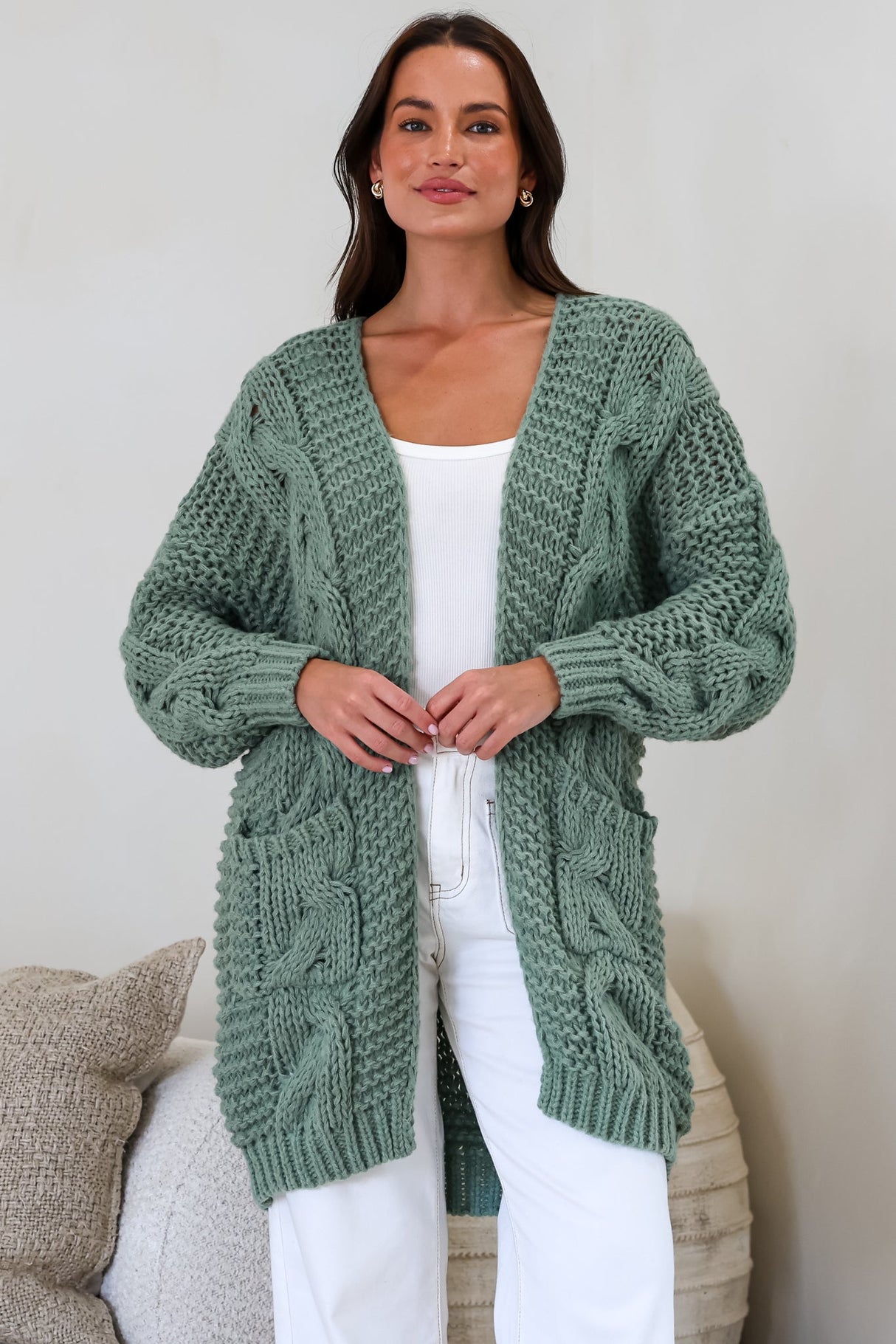 Beckett Cardigan - Open Front Chunky Cable Knit with Pockets in Sage