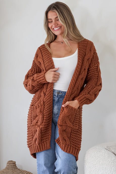 Model wearing Beckett Cardigan in Terracotta from Salty Crush