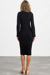 Beckett Midi Dress - Mockneck Ribbed Knit Dress in Black