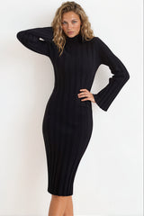 Beckett Midi Dress - Mockneck Ribbed Knit Dress in Black
