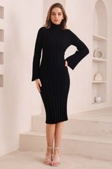 Beckett Midi Dress - Mockneck Ribbed Knit Dress in Black