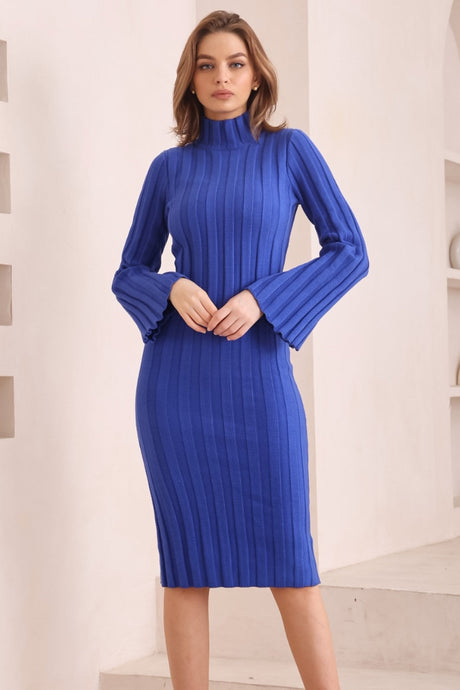 Beckett Midi Dress - Mockneck Ribbed Knit Dress in Blue