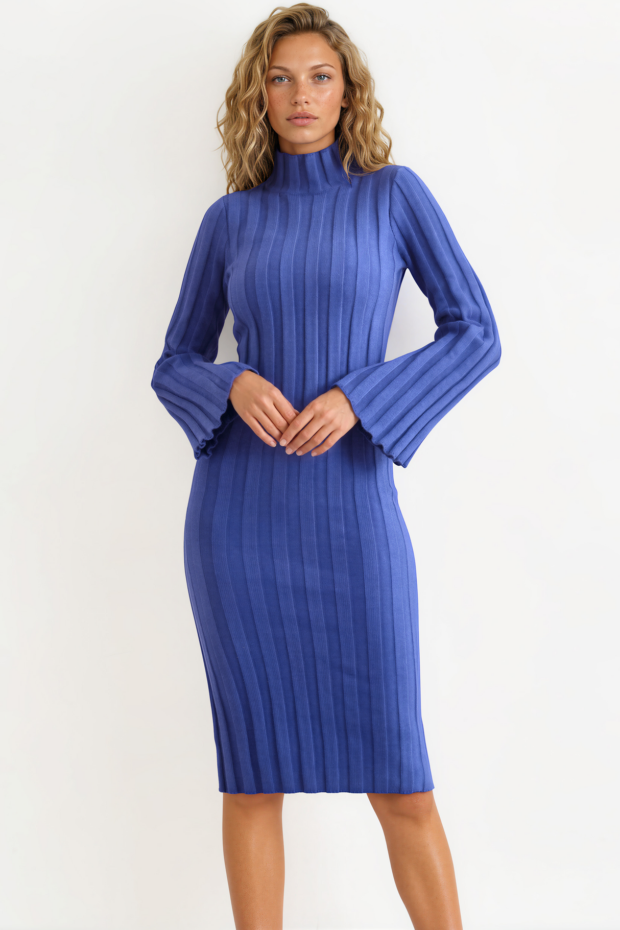 Beckett Midi Dress - Mockneck Ribbed Knit Dress in Blue