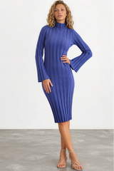 Beckett Midi Dress - Mockneck Ribbed Knit Dress in Blue