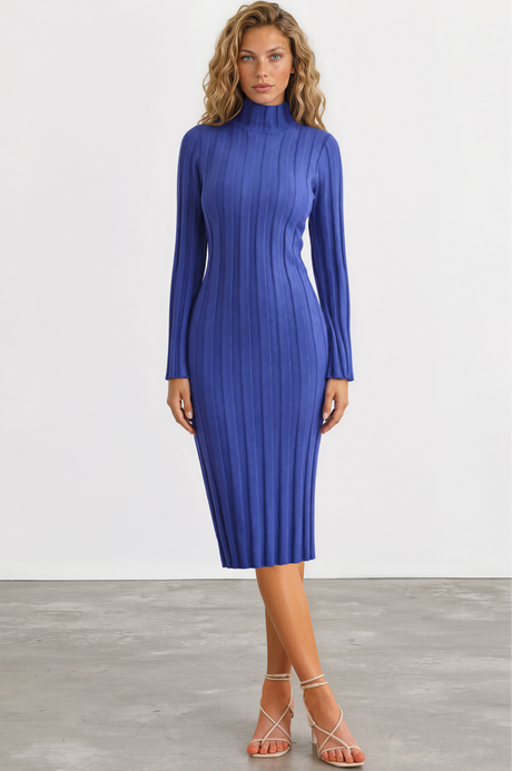 Beckett Midi Dress - Mockneck Ribbed Knit Dress in Blue