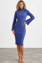 Beckett Midi Dress - Mockneck Ribbed Knit Dress in Blue