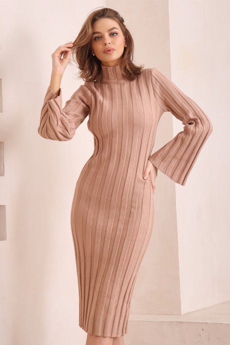 Beckett Midi Dress - Mockneck Ribbed Knit Dress in Camel