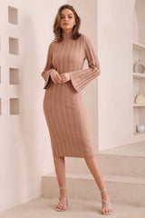 Beckett Midi Dress - Mockneck Ribbed Knit Dress in Camel