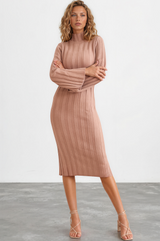 Beckett Midi Dress - Mockneck Ribbed Knit Dress in Camel