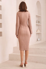 Beckett Midi Dress - Mockneck Ribbed Knit Dress in Camel