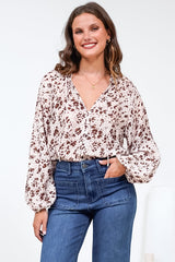 Bedella Top - Mandarin Collar Long Sleeve Button Front Blouse in Sima Print