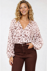 Bedella Top - Mandarin Collar Long Sleeve Button Front Blouse in Sima Print