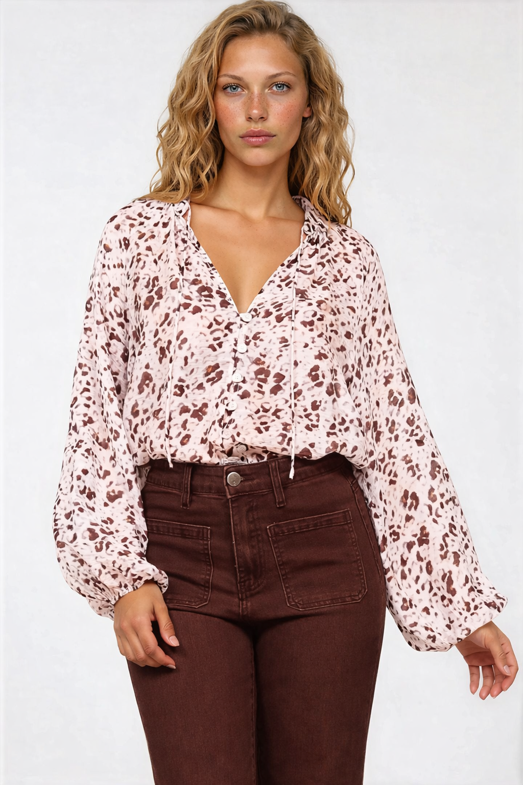 Bedella Top - Mandarin Collar Long Sleeve Button Front Blouse in Sima Print