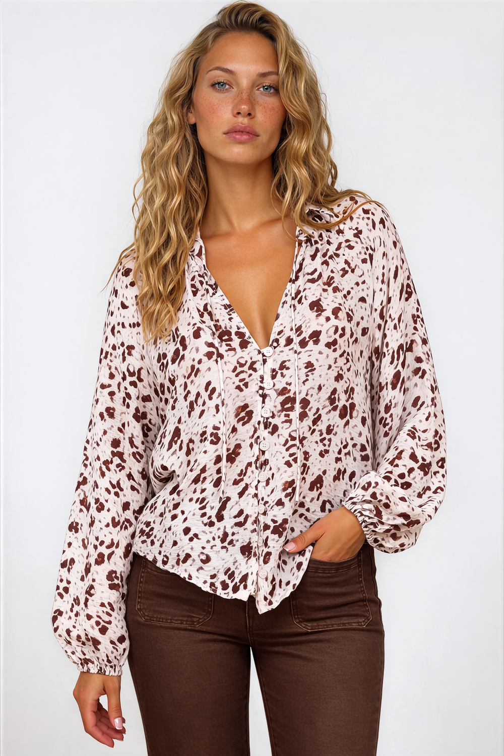 Bedella Top - Mandarin Collar Long Sleeve Button Front Blouse in Sima Print