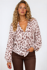 Bedella Top - Mandarin Collar Long Sleeve Button Front Blouse in Sima Print