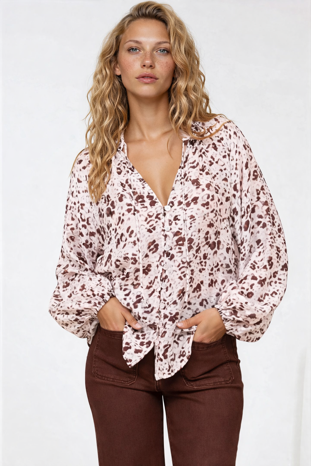 Bedella Top - Mandarin Collar Long Sleeve Button Front Blouse in Sima Print