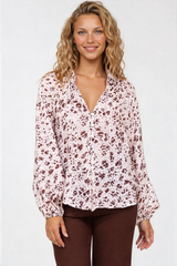 Bedella Top - Mandarin Collar Long Sleeve Button Front Blouse in Sima Print