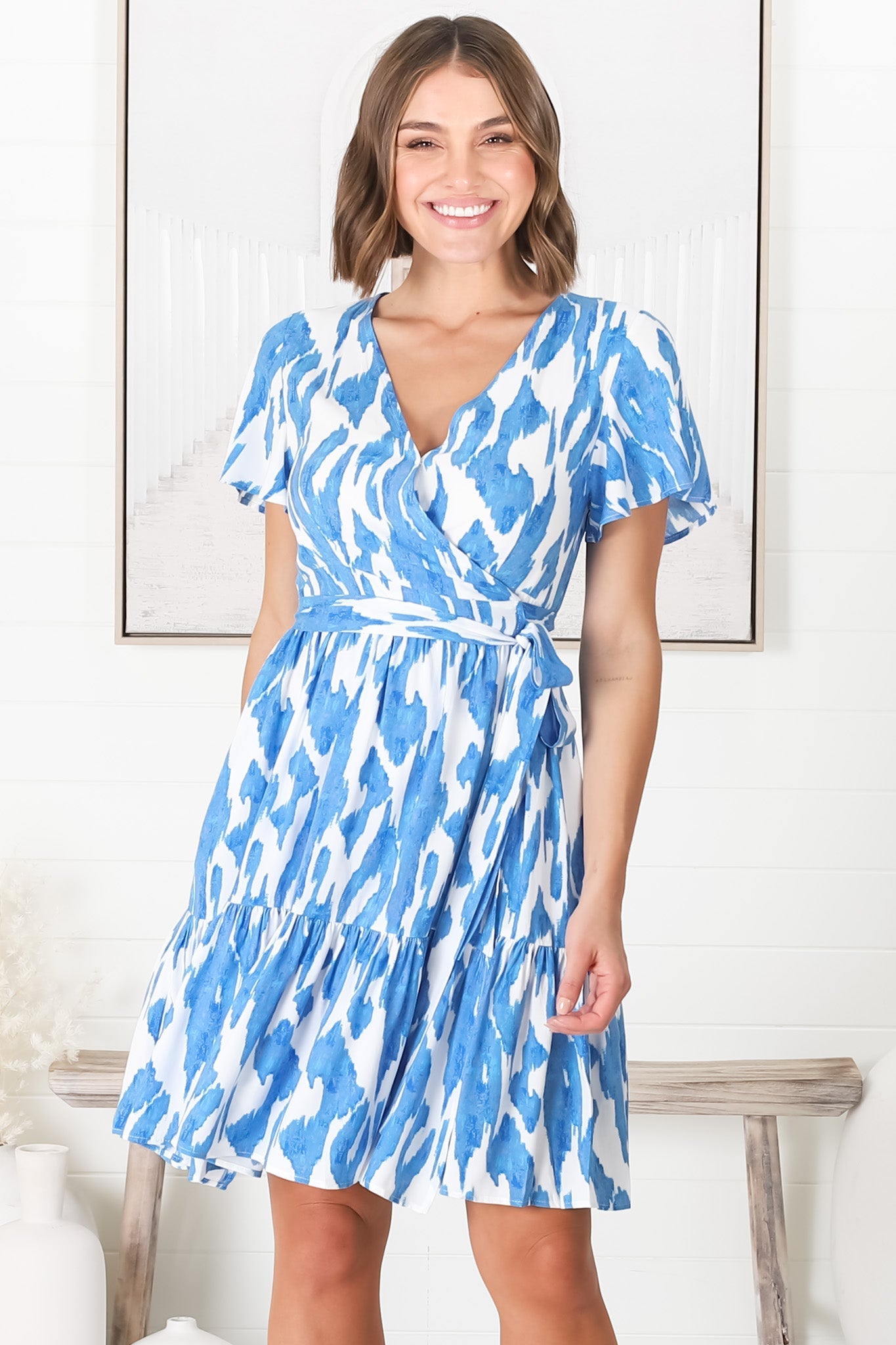 Bee Mini Dress - Faux Wrap with Waist Tie Dress in Lylly Print Blue
