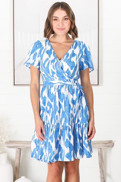 Bee Mini Dress - Faux Wrap with Waist Tie Dress in Lylly Print Blue