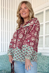 JAASE - Bee Blouse: Lace Decal Button Down Long Sleeve Blouse in Athena Print