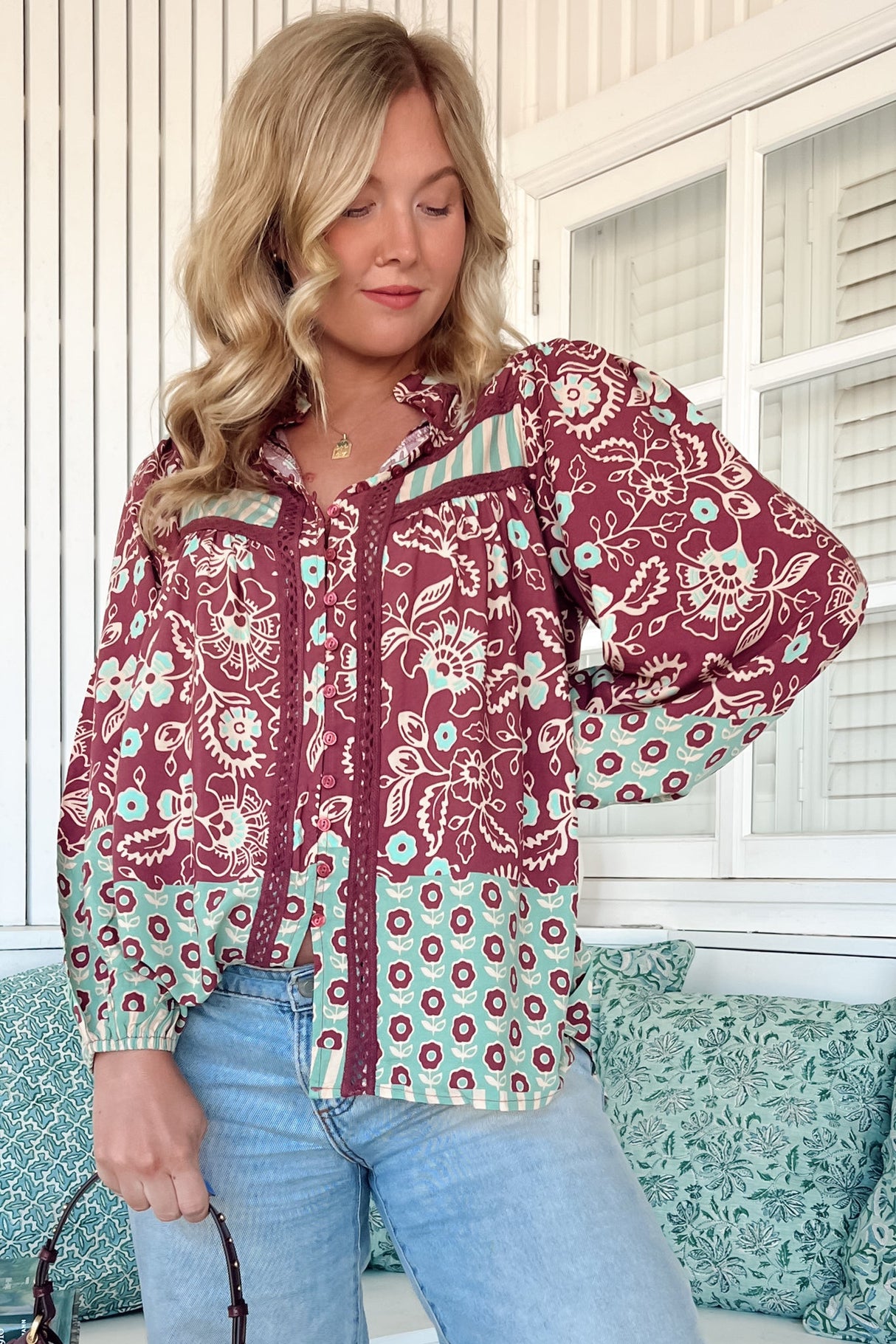 JAASE - Bee Blouse: Lace Decal Button Down Long Sleeve Blouse in Athena Print