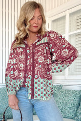 JAASE - Bee Blouse: Lace Decal Button Down Long Sleeve Blouse in Athena Print
