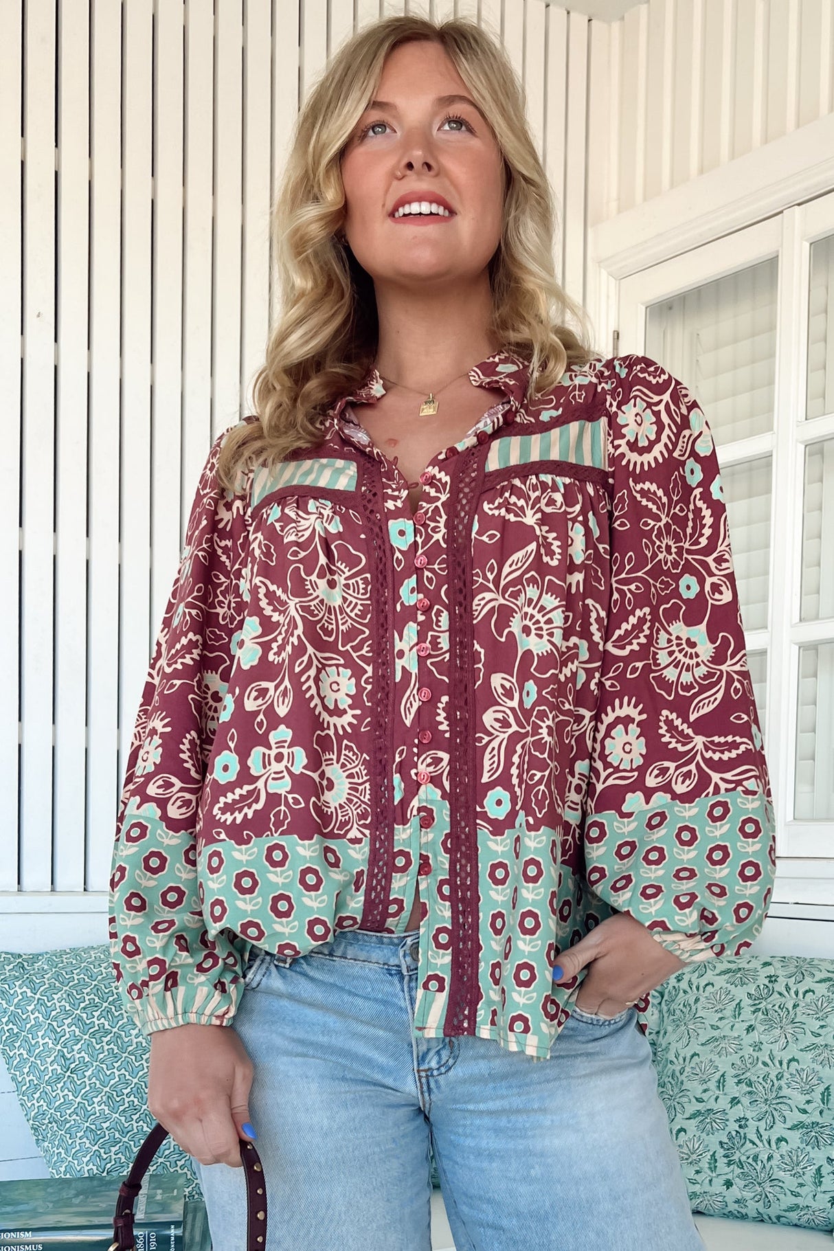 JAASE - Bee Blouse: Lace Decal Button Down Long Sleeve Blouse in Athena Print