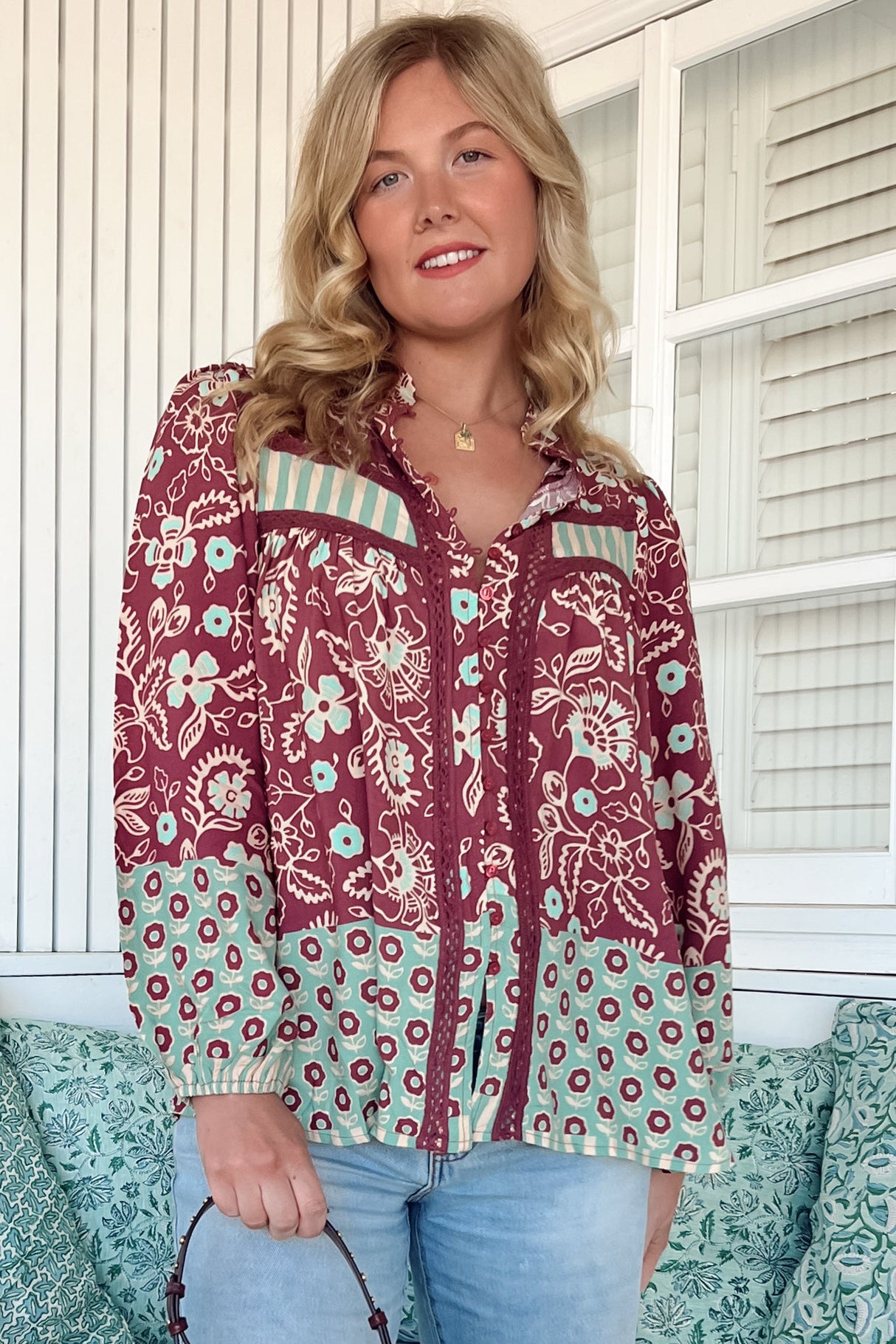 JAASE - Bee Blouse: Lace Decal Button Down Long Sleeve Blouse in Athena Print