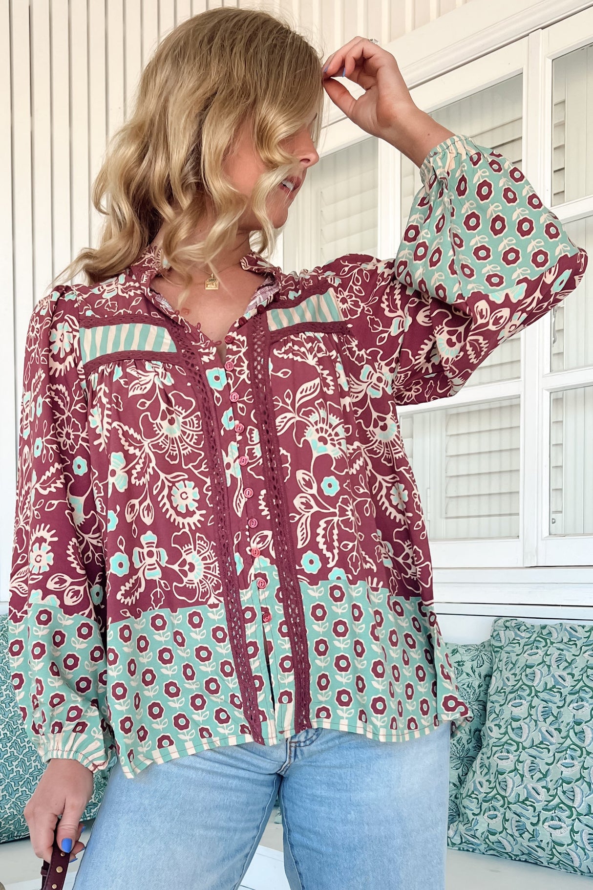 JAASE - Bee Blouse: Lace Decal Button Down Long Sleeve Blouse in Athena Print