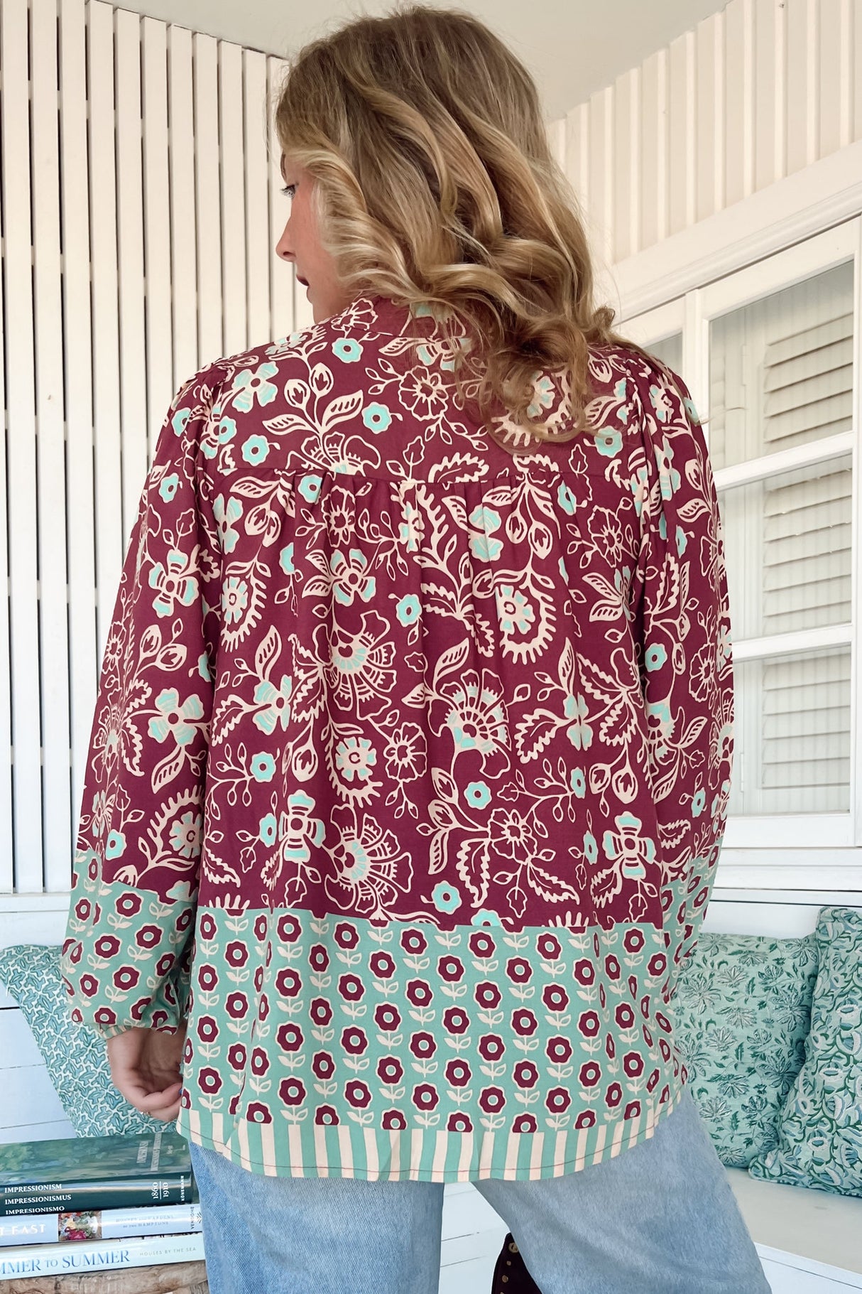 JAASE - Bee Blouse: Lace Decal Button Down Long Sleeve Blouse in Athena Print