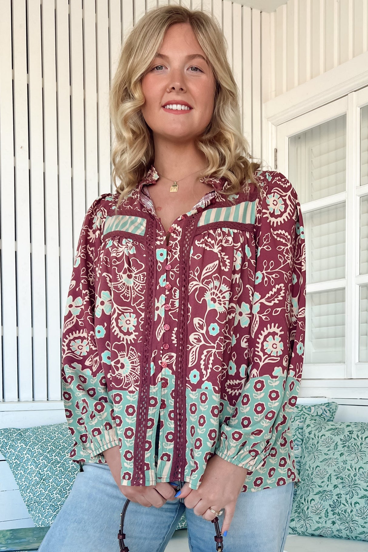 JAASE - Bee Blouse: Lace Decal Button Down Long Sleeve Blouse in Athena Print