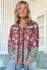JAASE - Bee Blouse: Lace Decal Button Down Long Sleeve Blouse in Athena Print