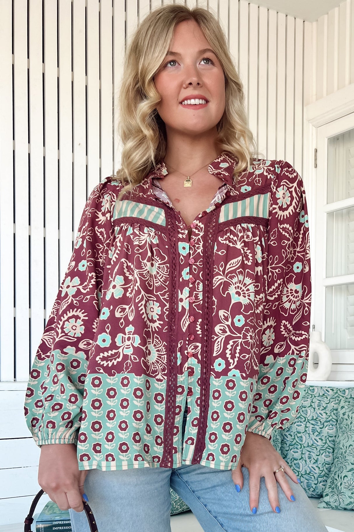 JAASE - Bee Blouse: Lace Decal Button Down Long Sleeve Blouse in Athena Print