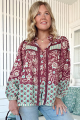 JAASE - Bee Blouse: Lace Decal Button Down Long Sleeve Blouse in Athena Print