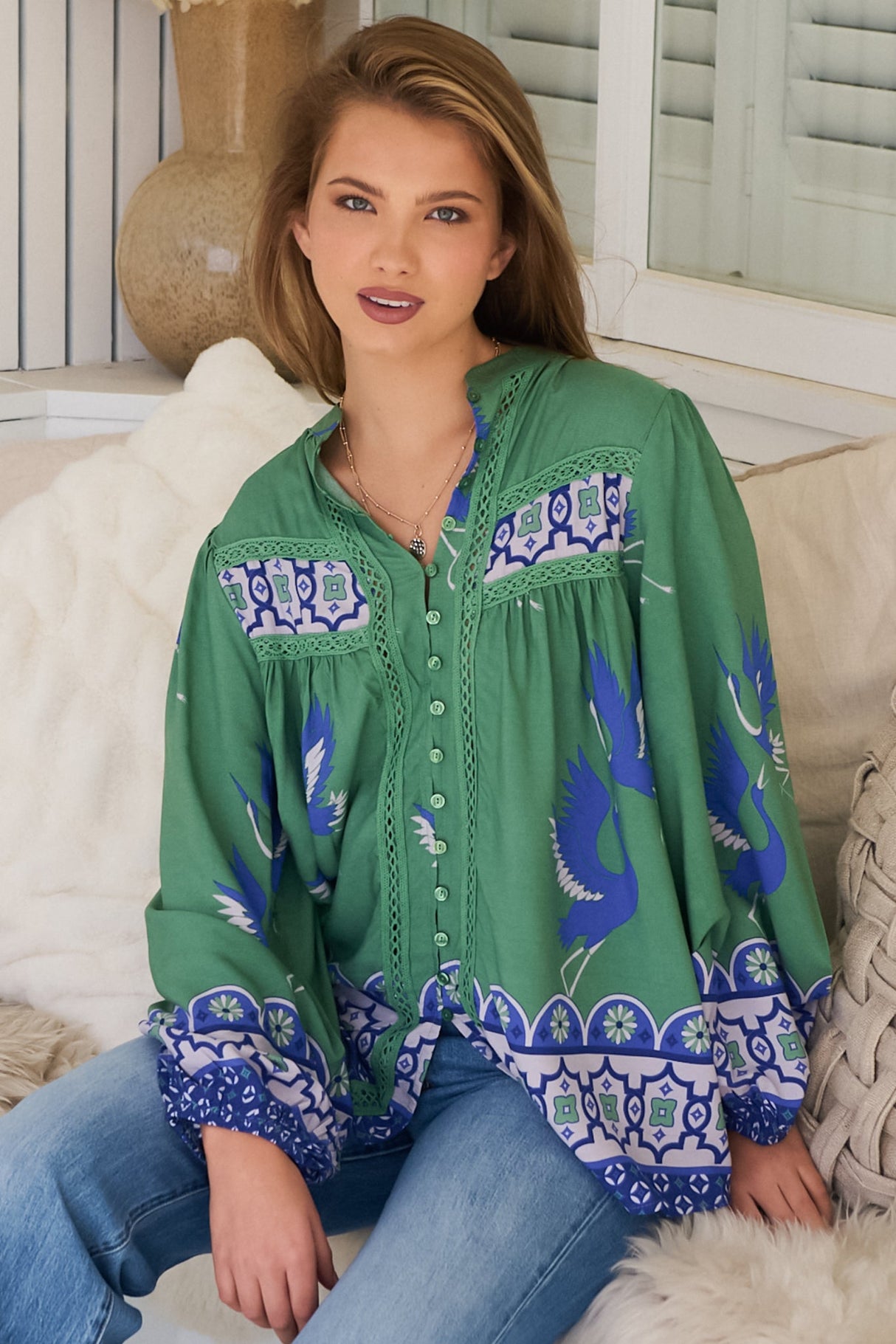 JAASE - Bee Blouse: Lace Decal Button Down Long Sleeve Blouse in Bluebird Print