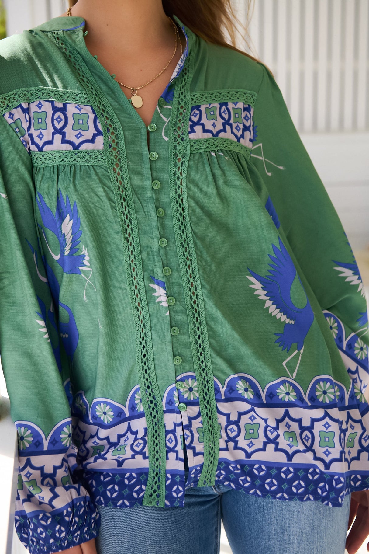 JAASE - Bee Blouse: Lace Decal Button Down Long Sleeve Blouse in Bluebird Print